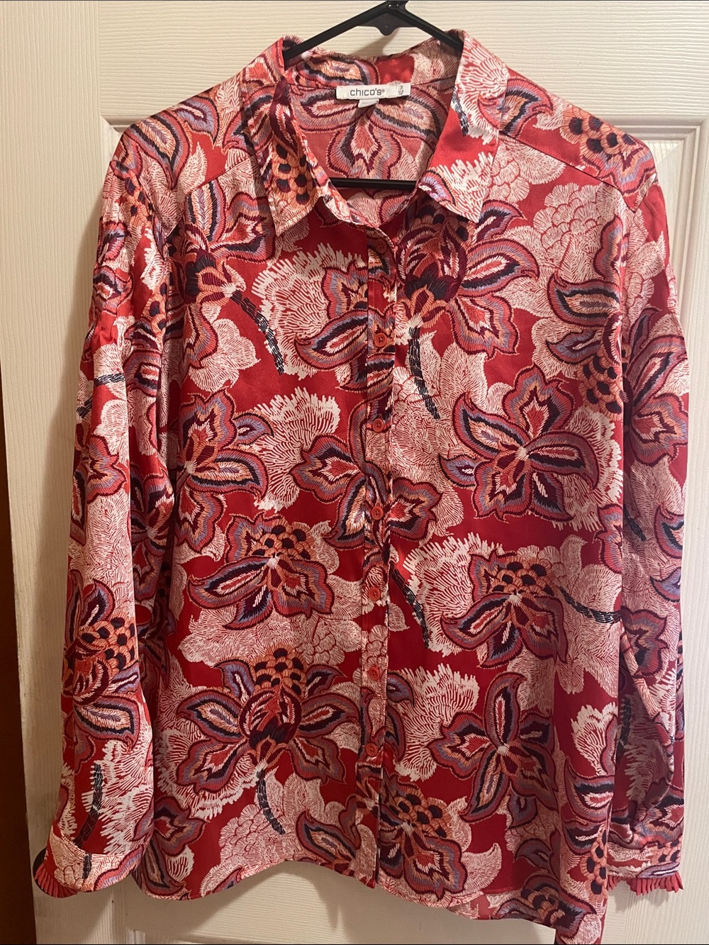 Chico's Red Floral Print Button-Down Shirt